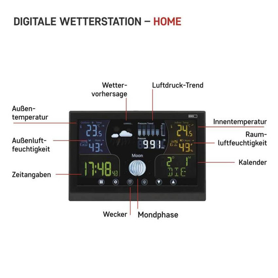 Emos Wetterstation mit Barometer Mondphase Funkuhr bis 100m E6018