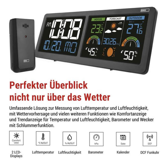 Emos Wetterstation mit Barometer Funkuhr bis 80m Wandhalterung E8625