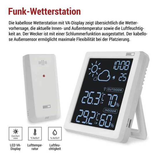 Emos Wetterstation mit Quarzuhr USB-C bis 50m E8647W