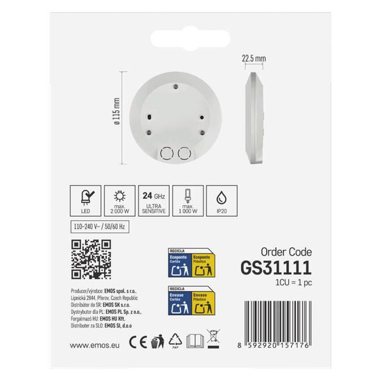 Emos Bewegungsmelder Präsenzmelder 24GHz 3m 2000W Weiß GS31111