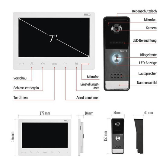 Emos Video-Türsprechanlage EM-LS07HD Set 7 Zoll 16 Melodien Weiß H2020