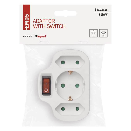 Emos Steckdosenadapter 2x Euro+1x Schutzkontakt mit Schalter Weiß P00282