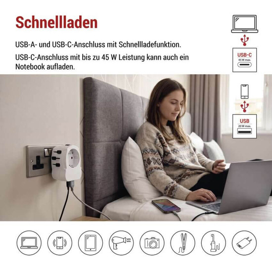 Emos Reiseadapter für Europäer weltweit USB-A+USB-C 24W Weiß P0056U