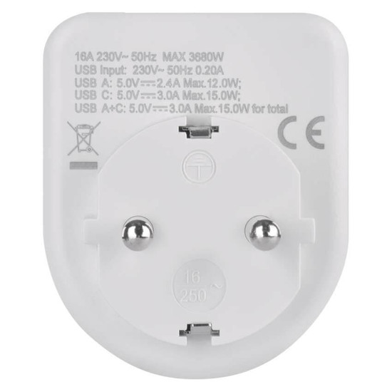 Emos Steckdosenadapter 1-fach USB-A+USB-C Weiß P0075