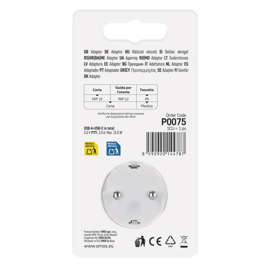 Emos Steckdosenadapter 1-fach USB-A+USB-C Weiß P0075