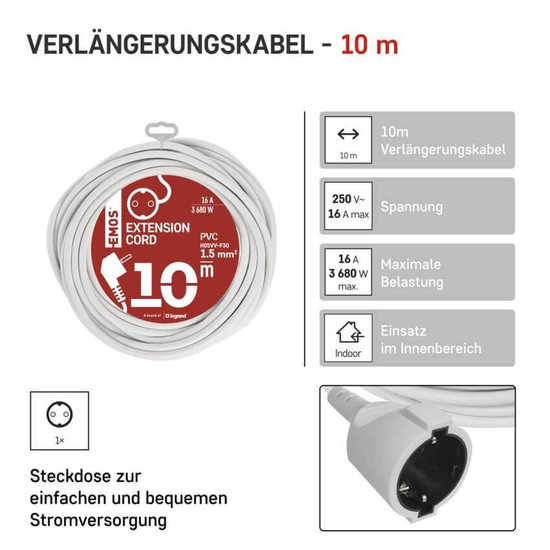 Emos Verlängerungskabel 10m 1,5mm² Weiß PVC P0120R