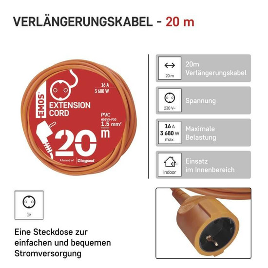 Emos Verlängerungskabel Außen 20m 1,5mm² Orange PVC P01220R