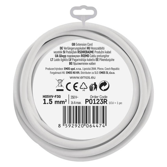 Emos Verlängerungskabel 3m 1,5mm² Weiß PVC P0123R