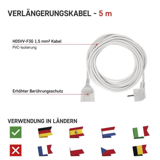 Emos Verlängerungskabel 5m 1,5mm² Weiß PVC P0125R