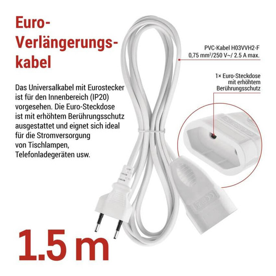 Emos Verlängerungskabel Typ E 1,5m 2,5A Weiß P01301