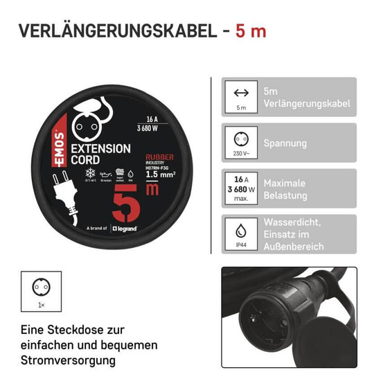 Emos Verlängerungskabel Außen 5m 1,5mm² Schwarz Gummi IP44 P01805