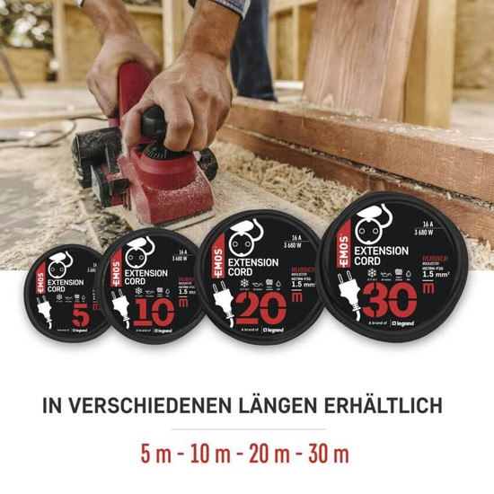 Emos Verlängerungskabel Außen 5m 1,5mm² Schwarz Gummi IP44 P01805