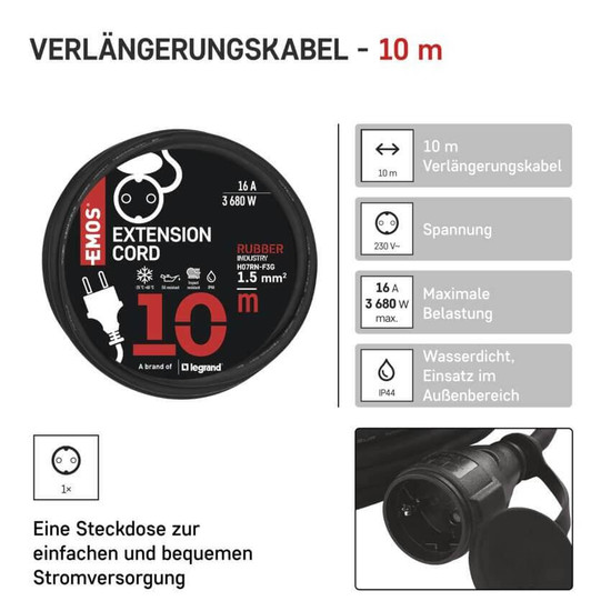 Emos Verlängerungskabel Außen 10m 1,5mm² Schwarz Gummi IP44 P01810