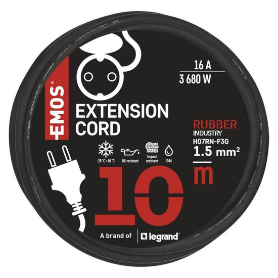 Emos Verlängerungskabel Außen 10m 1,5mm² Schwarz Gummi IP44 P01810