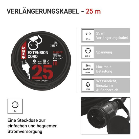 Emos Verlängerungskabel Außen 25m 2,5mm² Schwarz Gummi IP44 P01825R