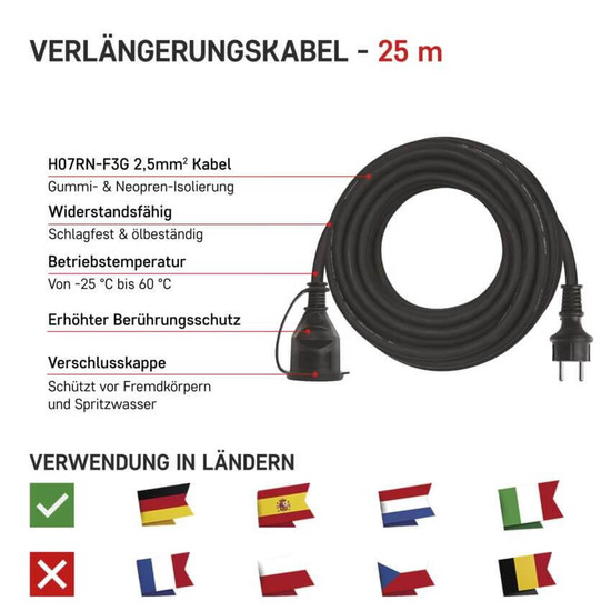 Emos Verlängerungskabel Außen 25m 2,5mm² Schwarz Gummi IP44 P01825R