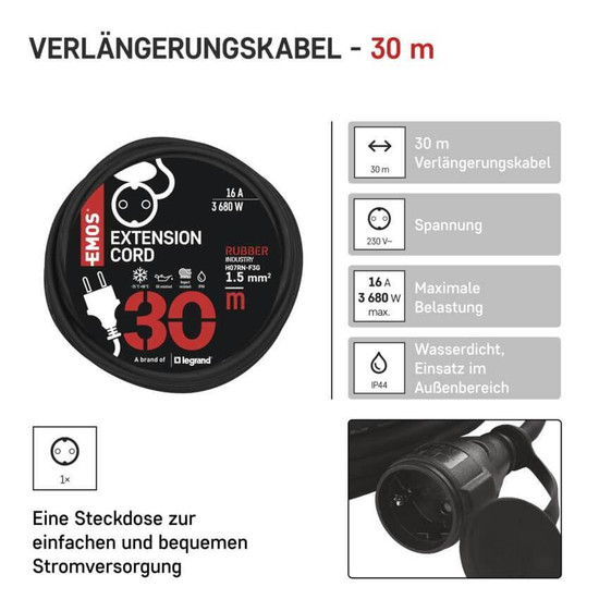 Emos Verlängerungskabel Außen 30m 1,5mm² Schwarz Gummi IP44 P01830