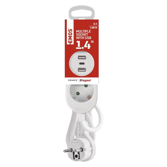 Emos Verlängerungskabel 2-fach 2xUSB-A+1xUSB-C 1,4m Weiß P02214E