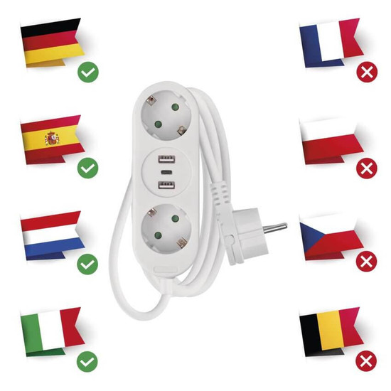 Emos Verlängerungskabel 2-fach 2xUSB-A+1xUSB-C 1,5m Weiß P0221U