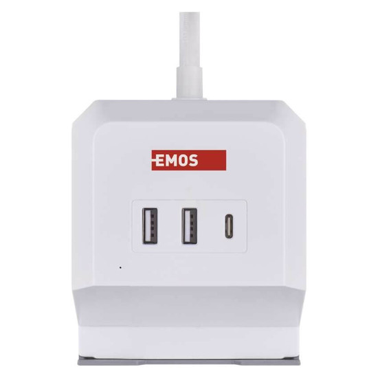 Emos Verlängerungskabel Würfel 2-fach 2xUSB-A+1xUSB-C+Qi 2m Weiß P0222CQ