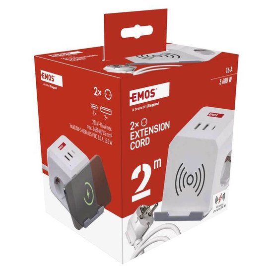 Emos Verlängerungskabel Würfel 2-fach 2xUSB-A+1xUSB-C+Qi 2m Weiß P0222CQ