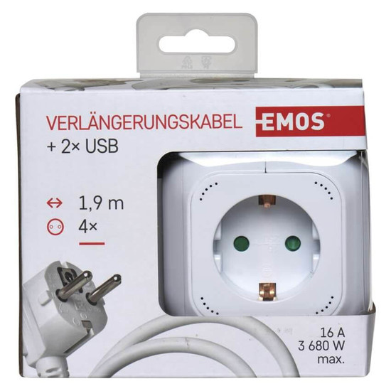 Emos Steckdosenleiste Würfel 4-fach 2xUSB 1,9m Weiß P04219GU