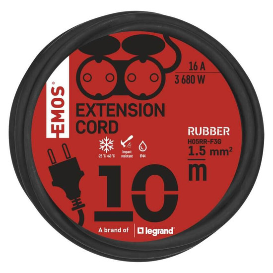 Emos Verlängerungskabel Außen 10m 2-fach 1,5mm² Schwarz Gummi IP44 P0701
