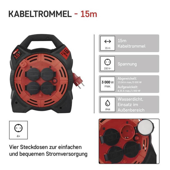 Emos Kabeltrommel LED-Strahler 4-fach 15m 1,5mm² Gummi P08215