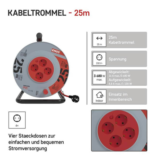 Emos Kabeltrommel 4-fach 25m 2,5mm² PVC P09225M