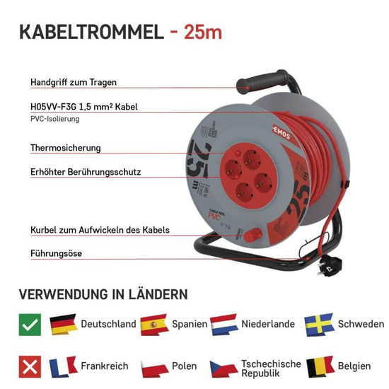 Emos Kabeltrommel 4-fach 25m 2,5mm² PVC P09225M