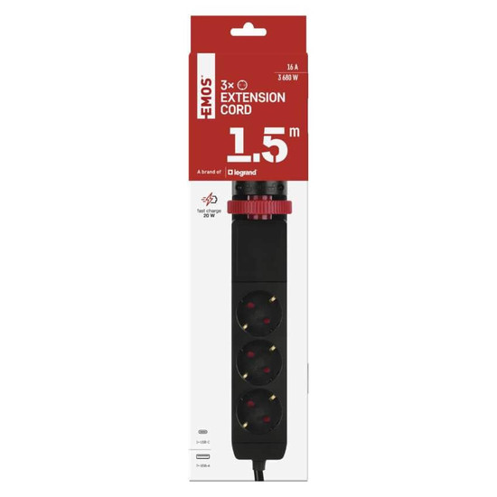 Emos Steckdosenleiste 3-fach mit Schalter Schreibtischmontage USB-C PD 1,5m Schwarz P1321PD