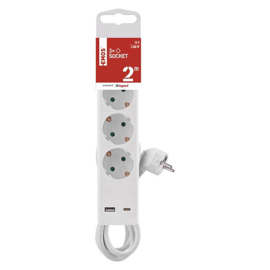 Emos Steckdosenleiste 3-fach mit Schalter USB-A+USB-C 2m Weiß P1322CU
