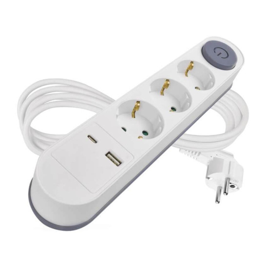 Emos Steckdosenleiste 3-fach mit Schalter USB-A+USB-C PD 2m Weiß P1322PD