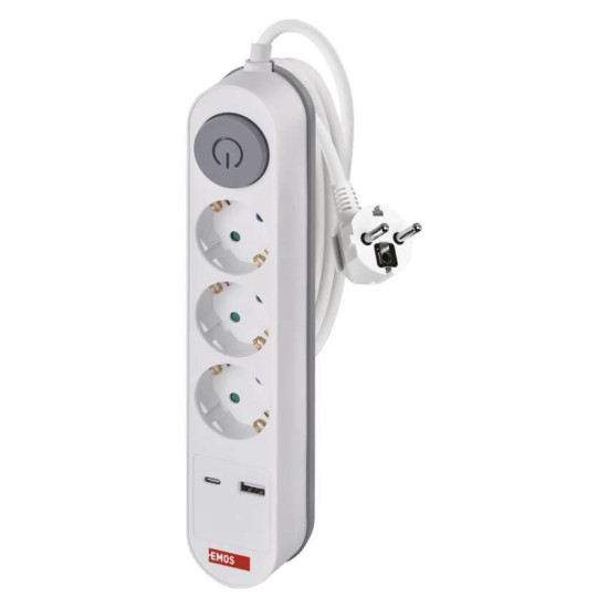 Emos Steckdosenleiste 3-fach mit Schalter USB-A+USB-C PD 2m Weiß P1322PD