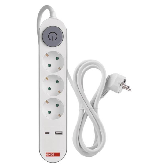 Emos Steckdosenleiste 3-fach mit Schalter USB-A+USB-C PD 2m Weiß P1322PD