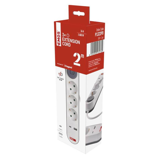 Emos Steckdosenleiste 3-fach mit Schalter USB-A+USB-C PD 2m Weiß P1322PD