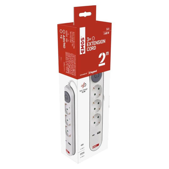 Emos Steckdosenleiste 3-fach mit Schalter USB-A+USB-C PD 2m Weiß P1322PD