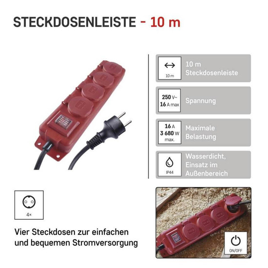 Emos Steckdosenleiste 4-fach mit Schalter 10m IP44 Schwarz Rot Gummi P14201
