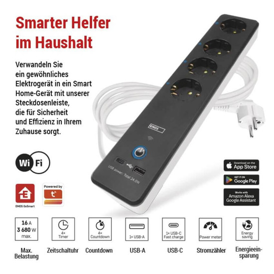 Emos Verlängerungskabel GoSmart 4-fach WiFi USB-C 2m Weiß-Schwarz P1422SM