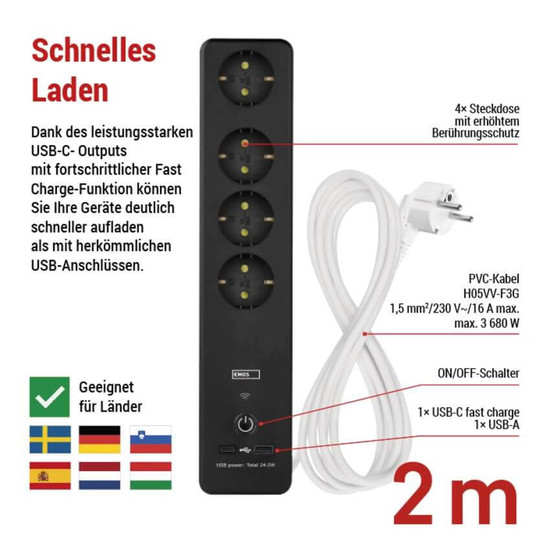 Emos Verlängerungskabel GoSmart 4-fach WiFi USB-C 2m Weiß-Schwarz P1422SM