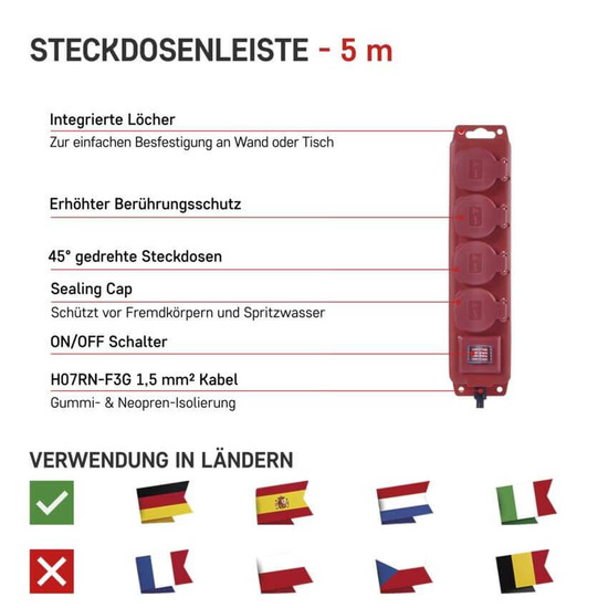 Emos Steckdosenleiste 4-fach mit Schalter 5m IP44 Schwarz Rot Gummi P14251