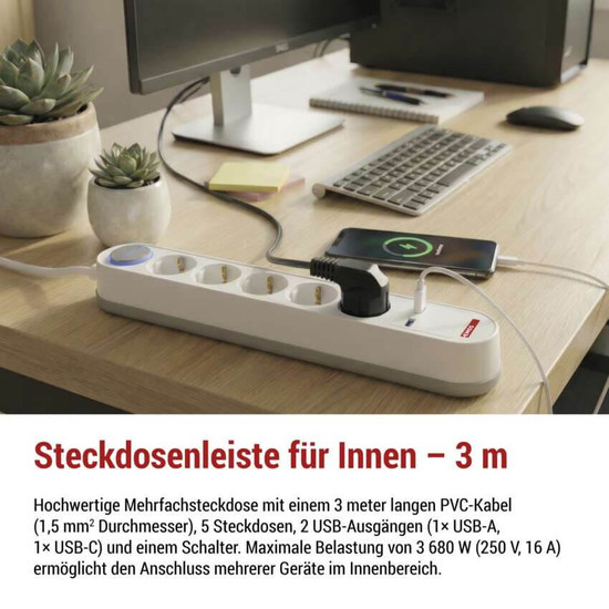 Emos Steckdosenleiste 5-fach mit Schalter USB-A+USB-C Schnellladen 3m P1523FC