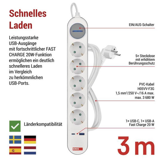 Emos Steckdosenleiste 5-fach mit Schalter USB-A+USB-C Schnellladen 3m P1523FC