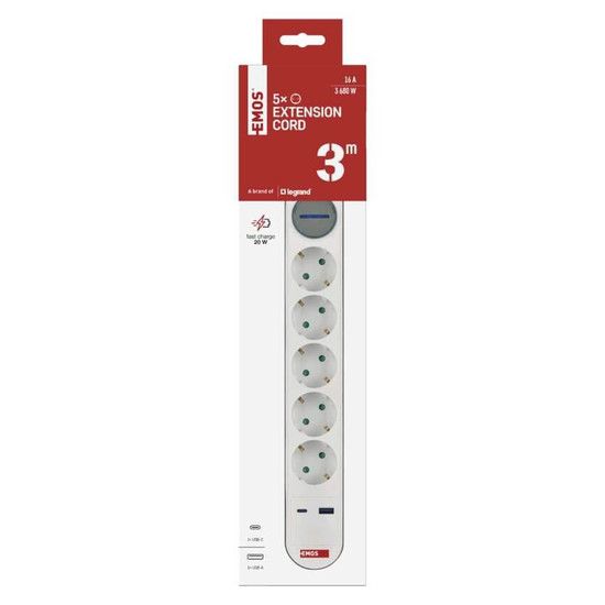Emos Steckdosenleiste 5-fach mit Schalter USB-A+USB-C Schnellladen 3m P1523FC