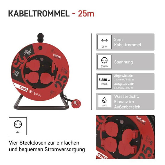 Emos Kabeltrommel 4-fach 25m 2,5mm² Gummi P19625