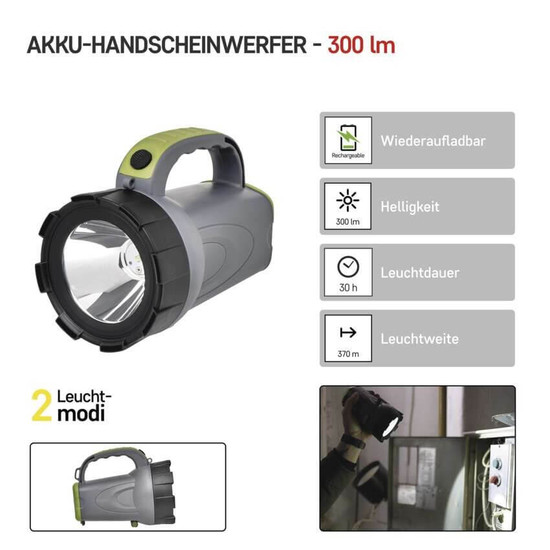 Emos LED Akku-Taschenlampe 300lm Grau-schwarz-grün 16x10cm P2311