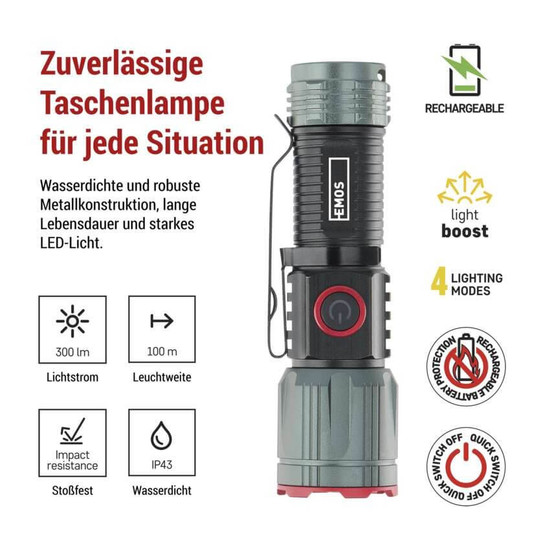 Emos LED Akku-Taschenlampe 300lm Schwarz Metallicgrau Aluminium P3120