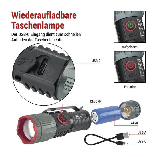 Emos LED Akku-Taschenlampe 300lm Schwarz Metallicgrau Aluminium P3120