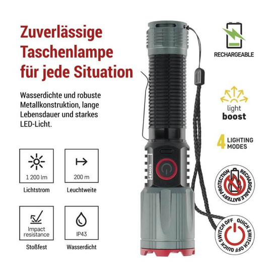 Emos LED Akku-Taschenlampe 1200lm Schwarz Metallicgrau Aluminium P3121