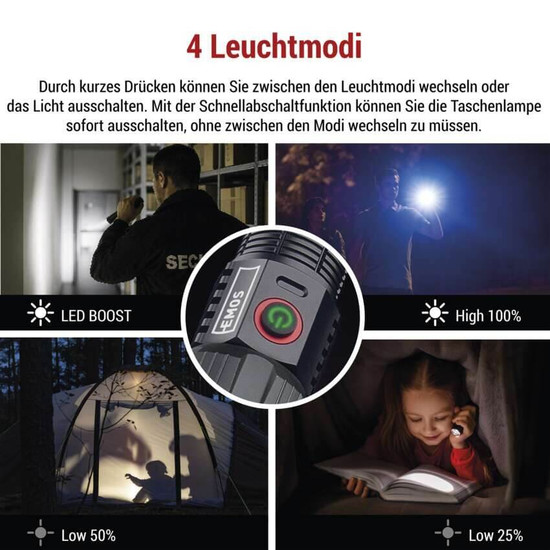 Emos LED Akku-Taschenlampe 1200lm Schwarz Metallicgrau Aluminium P3121